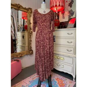 vintage 1990s Marrika Nakk rayon midi dress med burgundy floral boho floaty